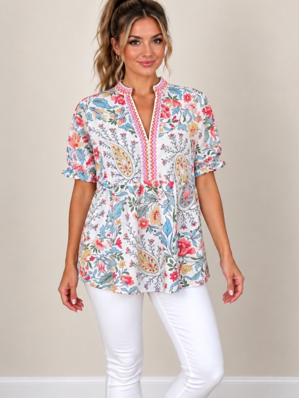 Cherry Betty Boho Floral Paisley Embroidered Puff Sleeve Babydoll Blouse Large
